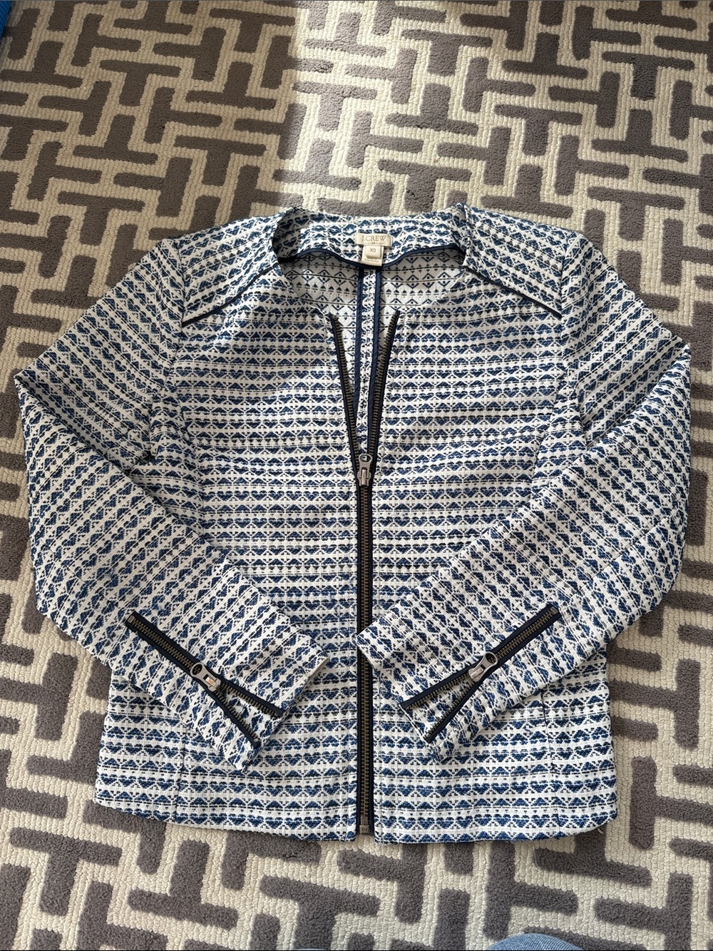 J. Crew Navy and White Patterned Zip-Front Jacket